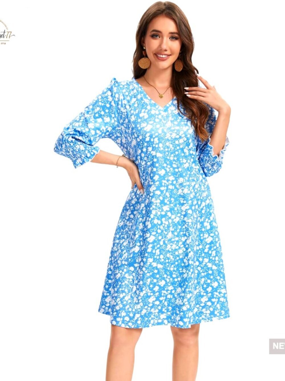 Midi Dress with Puff Sleeves, V-Neck, and Pockets for Casual Wear
